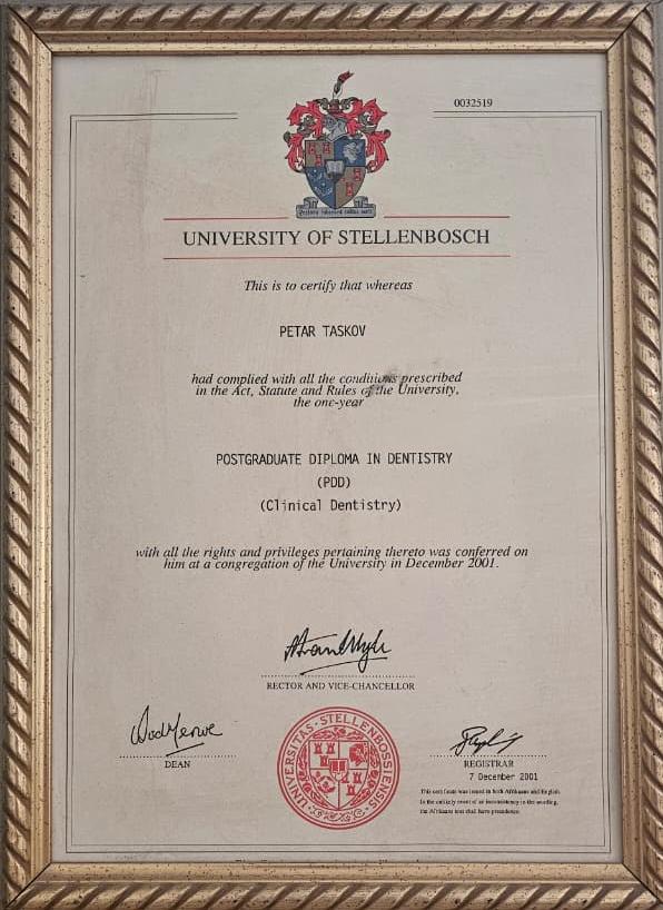 Dr. Taskov PGD Clinical Dentistry — University of Stellenbosch